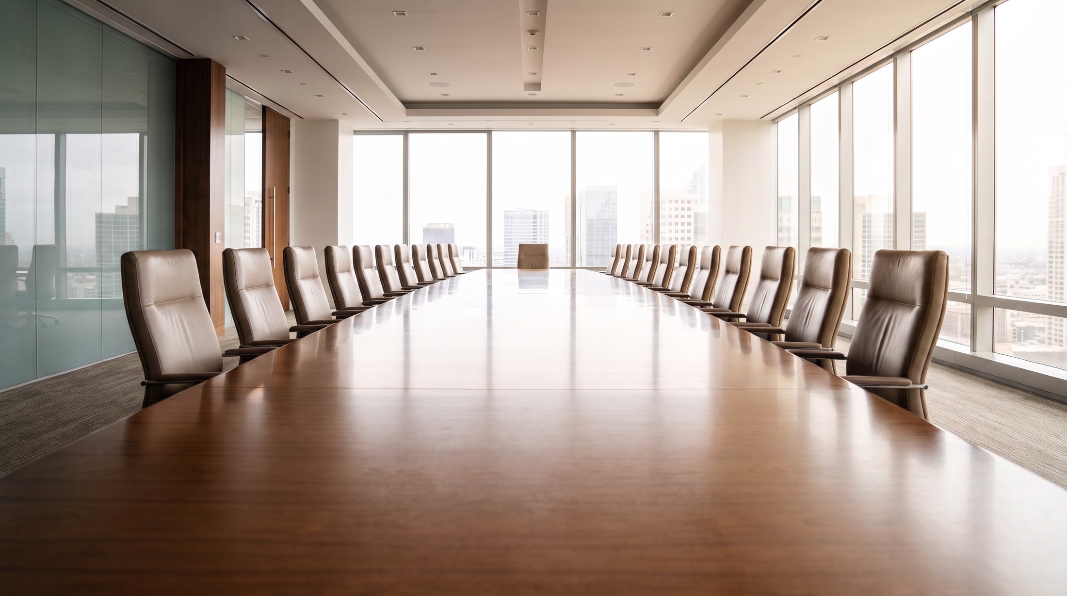 A bright boardroom with a long table and rows of leather chairs, city light through floor-to-ceiling windows