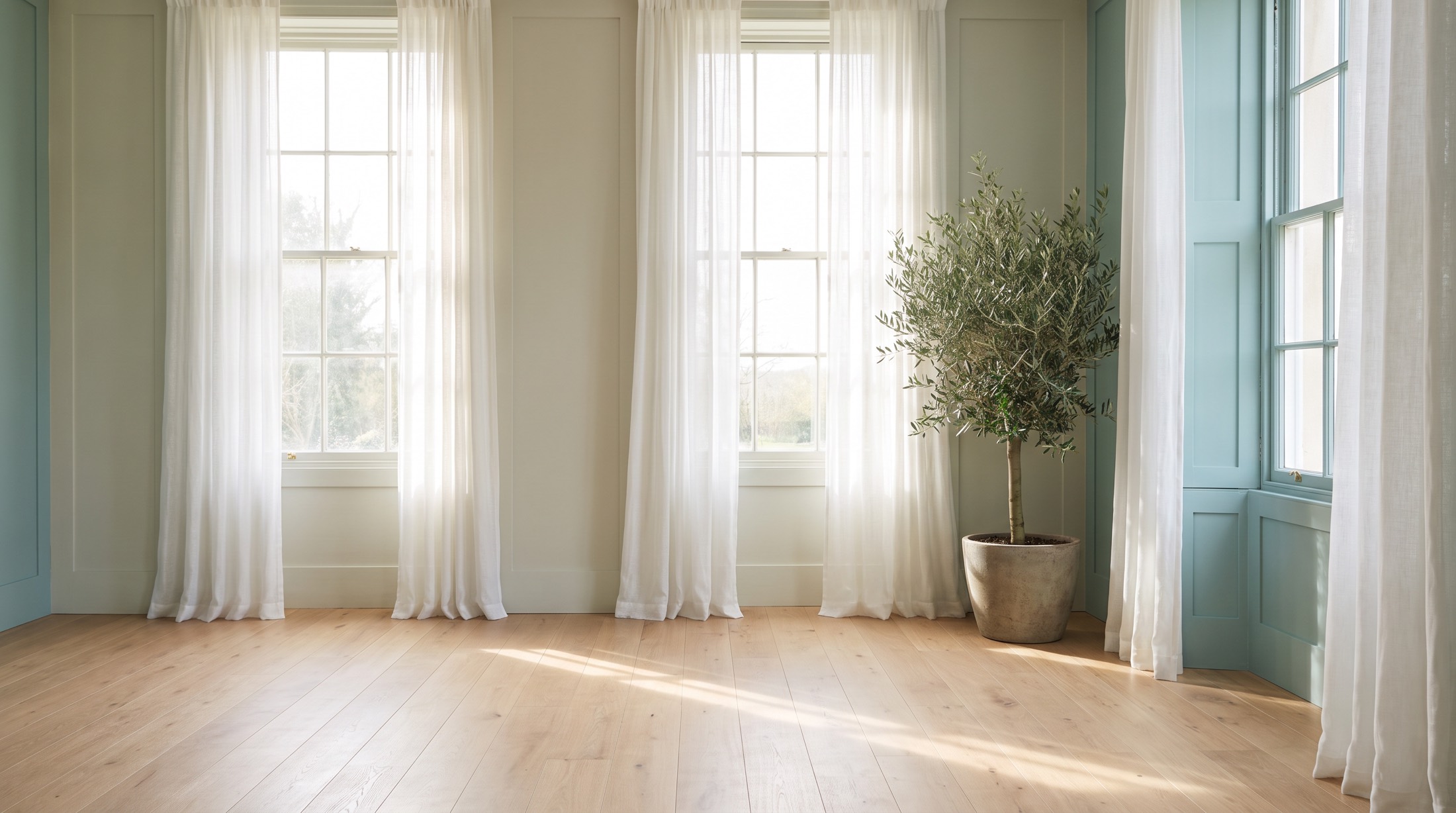 A bright, airy room with tall windows, sheer curtains and an olive tree in morning light