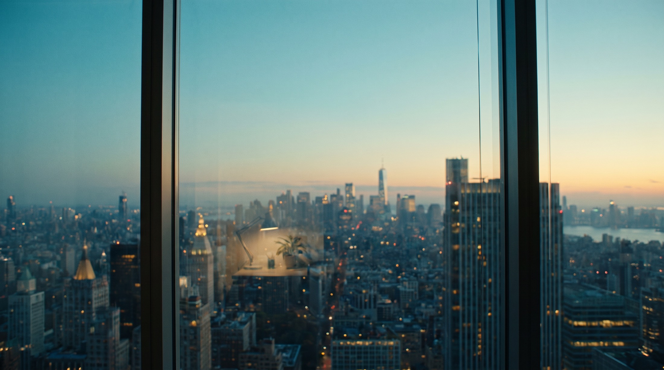 A city skyline at first light, seen from a high office window