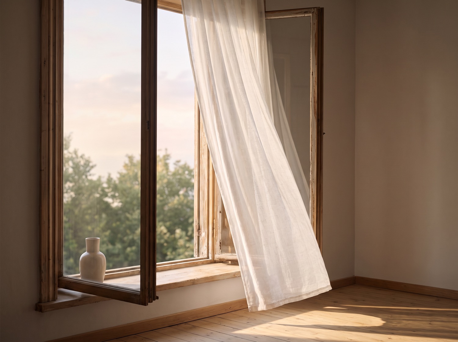A sheer white curtain lifting at an open window, morning sky and treetops beyond