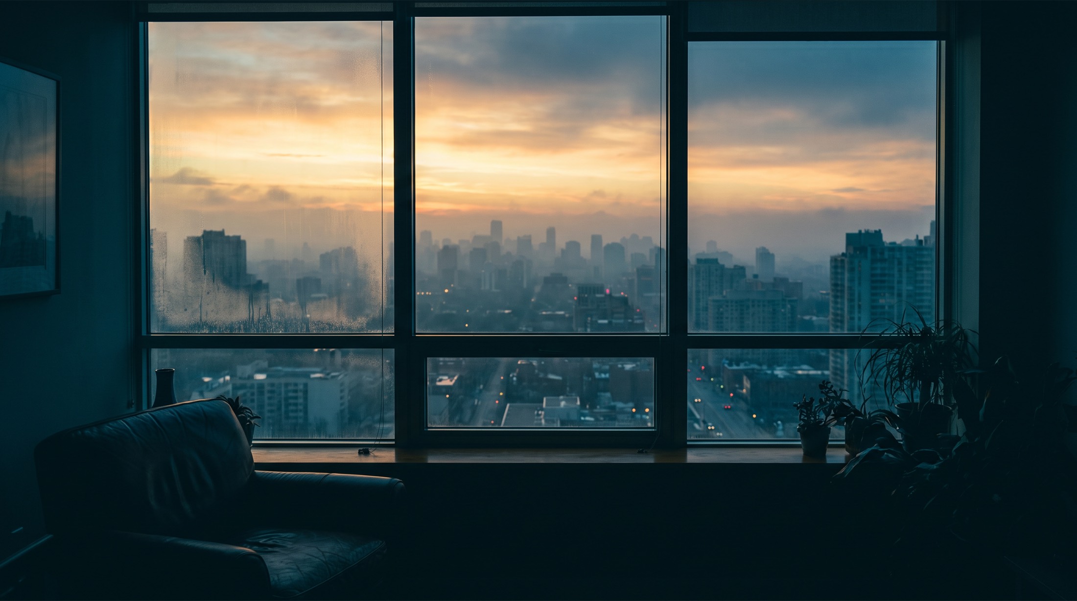 A quiet city at sunrise seen through a window from a high floor