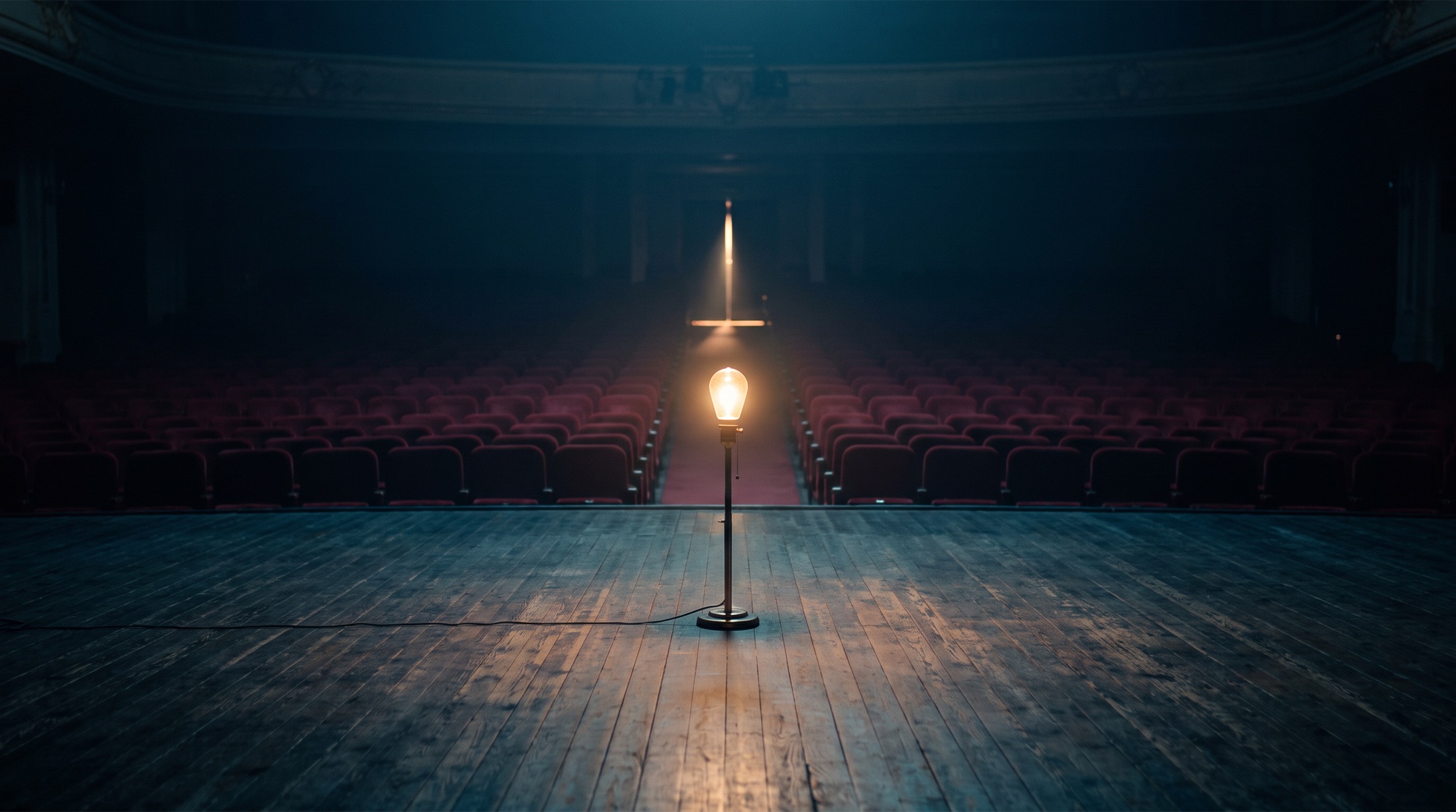A ghost light on an empty theater stage