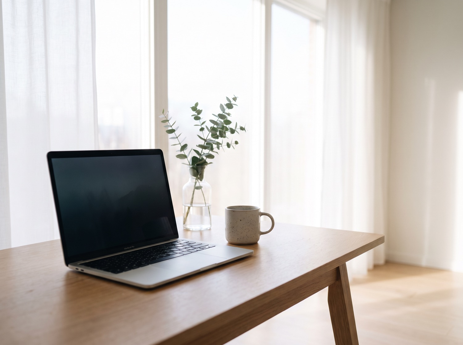 An open laptop, a mug and a sprig of eucalyptus on a clean desk in bright window light