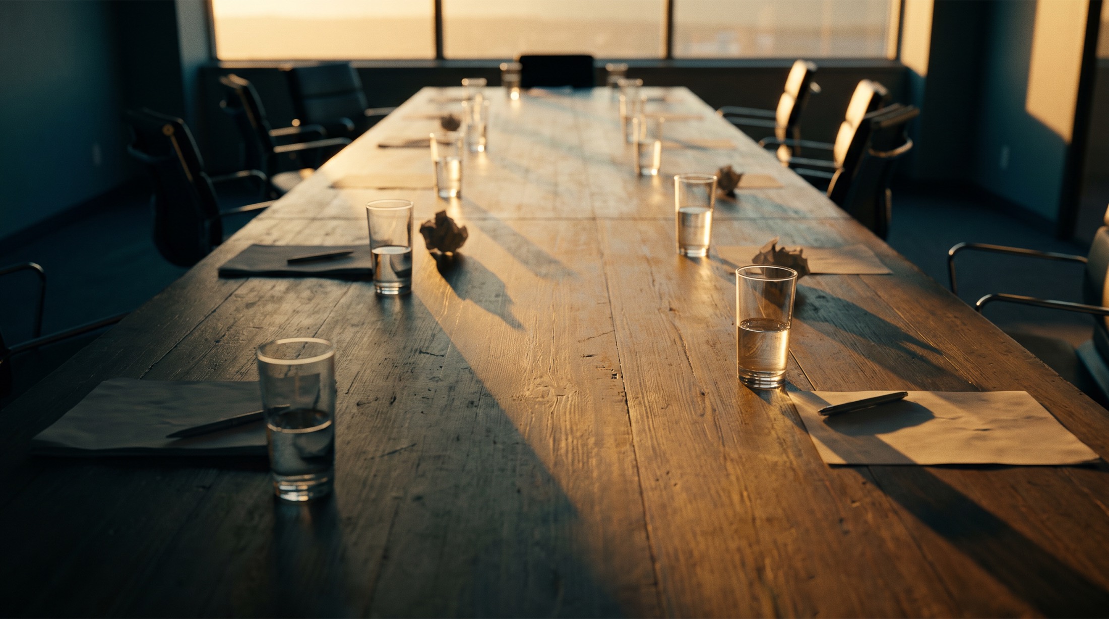 A long boardroom table in late afternoon light, chairs pushed out after a meeting