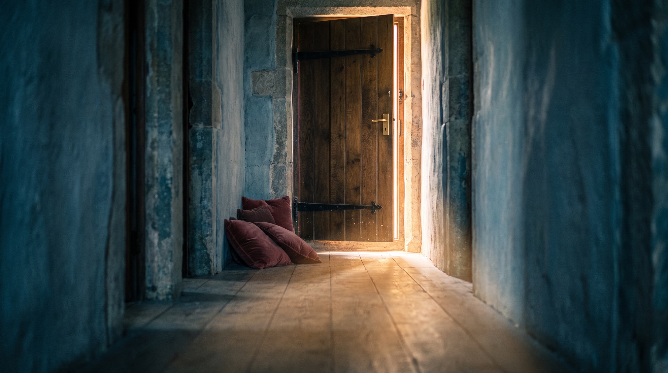 A door standing ajar with warm light pouring through into a dim hallway